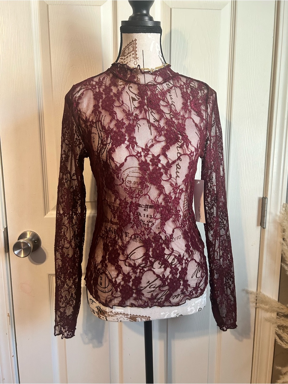 Timing Burgundy Floral Lace Long-Sleeve Tee